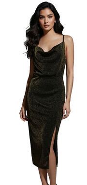 Metallic Olive Green Cowl Neck Slip Dress - Women